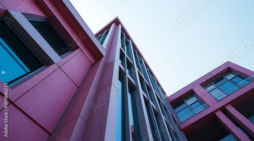 Precise architectural color photography, photorealistic, featuring cool colors like blues, greens, and purples, sharp lines, detailed structures, and wide angles