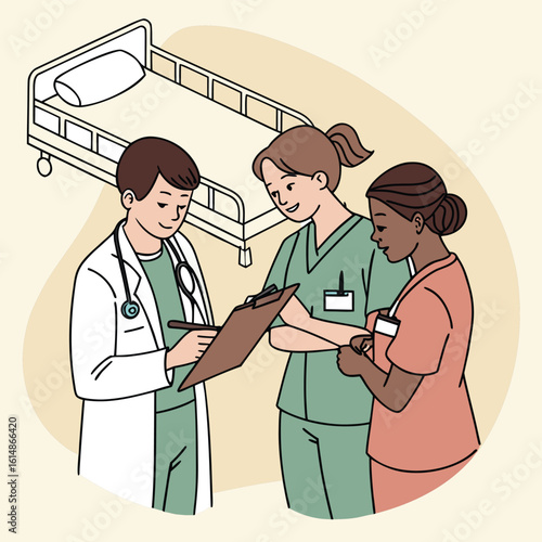 Medical team discussing case with clipboard