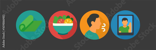  Wellness and Healthy Routine Icons – Yoga, Nutrition, Mindful Breathing, and Virtual Therapy for Self-Care and Mental Health
