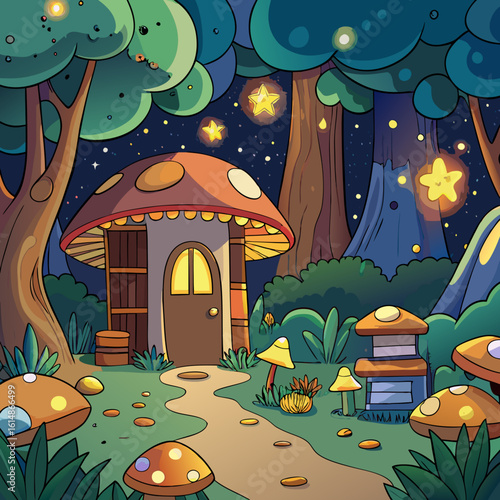 whimsical forest clearing at night, illuminated by glowing mushrooms and fireflies, with a small library nestled among the trees, warm light spilling from its windows