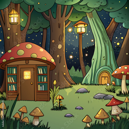 whimsical forest clearing at night, illuminated by glowing mushrooms and fireflies, with a small library nestled among the trees, warm light spilling from its windows
