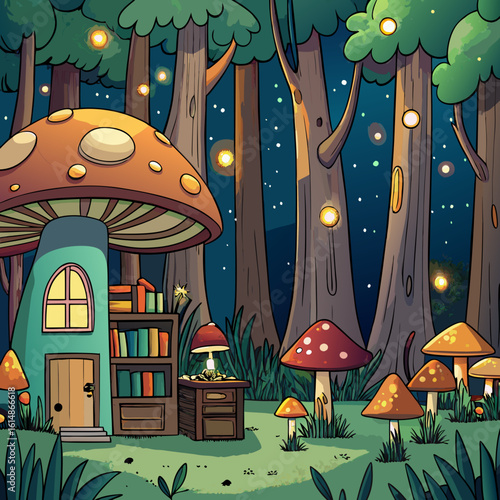 whimsical forest clearing at night, illuminated by glowing mushrooms and fireflies, with a small library nestled among the trees, warm light spilling from its windows