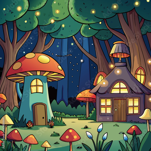 whimsical forest clearing at night, illuminated by glowing mushrooms and fireflies, with a small library nestled among the trees, warm light spilling from its windows