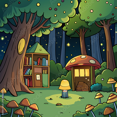 whimsical forest clearing at night, illuminated by glowing mushrooms and fireflies, with a small library nestled among the trees, warm light spilling from its windows