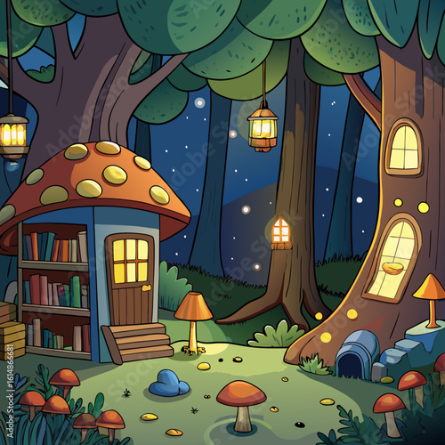 whimsical forest clearing at night, illuminated by glowing mushrooms and fireflies, with a small library nestled among the trees, warm light spilling from its windows