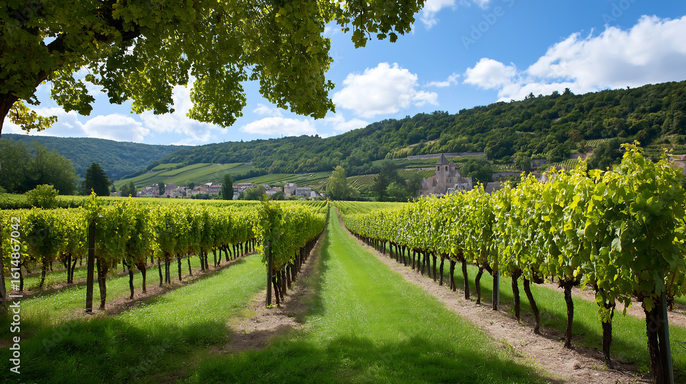 Fototapeta premium Scenic French vineyard with ripe green grapes hanging