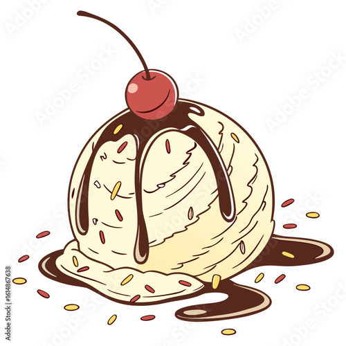 Delicious vanilla ice cream scoop with chocolate syrup and cherry on top with sprinkles