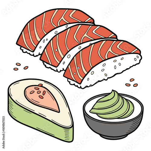Delicious salmon nigiri sushi avocado and wasabi dip on white background