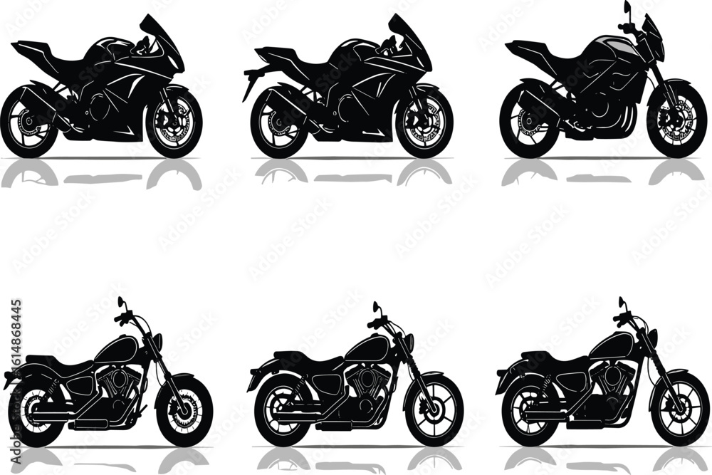Obraz premium Motorcycle silhouettes collection, sport bikes, cruiser motorcycles, black graphic icons, vector illustration, automotive design, biker transport, vehicle outlines, stock art