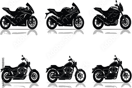 Motorcycle silhouettes collection, sport bikes, cruiser motorcycles, black graphic icons, vector illustration, automotive design, biker transport, vehicle outlines, stock art