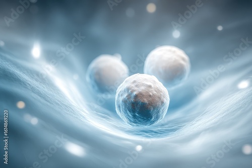 Three spheres nestled in a swirling, ethereal, light-blue environment