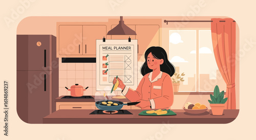 Woman Preparing Healthy Meal According To Meal Planner In Kitchen