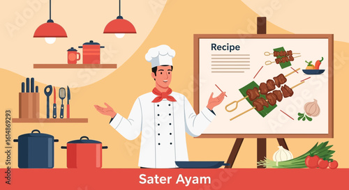 Chef Presenting Delicious Sate Ayam Recipe In A Cooking Class