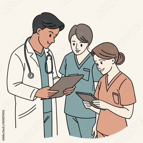 Medical team discussing case with clipboard