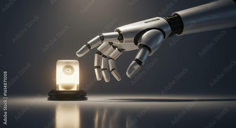 Fototapeta premium Robotic Hand About to Activate Illuminated Button Futuristic Technology Concept