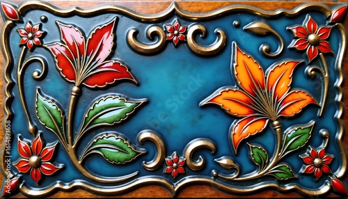 Hand-crafted enamel work background with vivid colors and traditional motifs