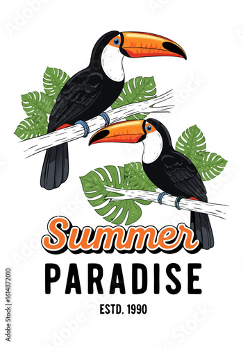 Vintage Tropical Toucan Poster with Retro Grunge Design and Bold Island Vibes