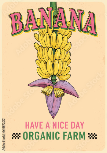 Retro Banana Poster with Vintage Typography and Grunge Texture on Peach Background