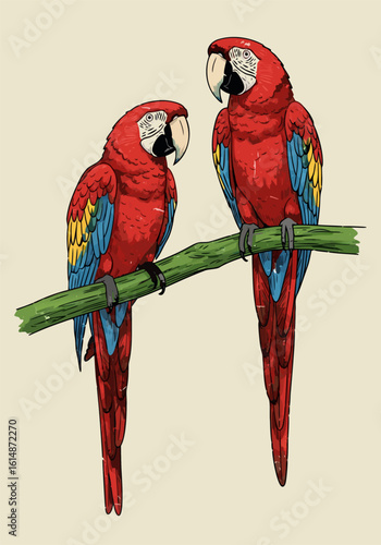 Vintage Scarlet Macaw Illustration on Beige Background with Grunge Texture and Retro Jungle Aesthetic