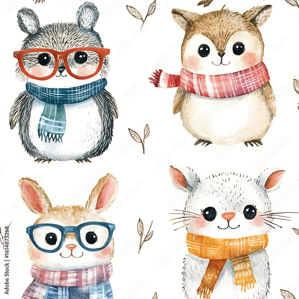 Fototapeta premium Cartoon forest animals dressed in winter scarves and glasses high resolution picture
