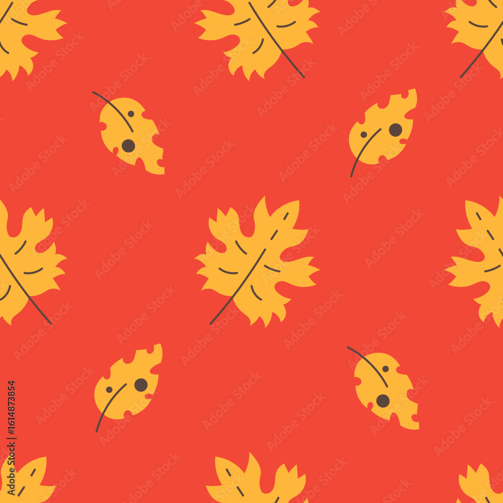 Fototapeta premium Yellow Foliage Seamless Pattern. Orange Fall Leaves on red Background. Autumn Decorative ornament. Repeat vector illustraion in hand drawn flat style