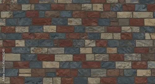 A detailed view of a rustic multi-colored stone wall with red, blue, and cream bricks