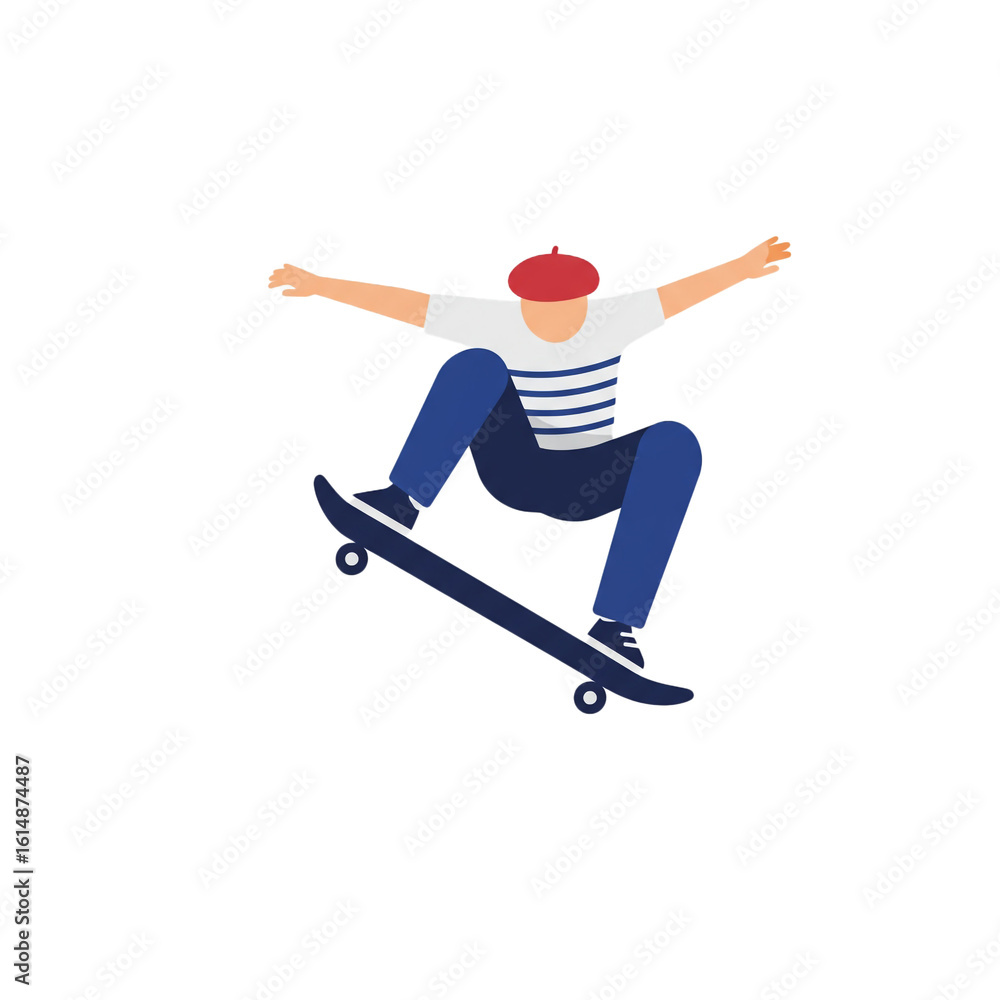 Fototapeta premium A stylized figure in a distinctive red beret skillfully balances on a skateboard during an exciting aerial maneuver.