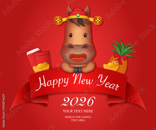 Chinese new year of cute cartoon horse ribbon template and pineapple golden ingot coin red envelope