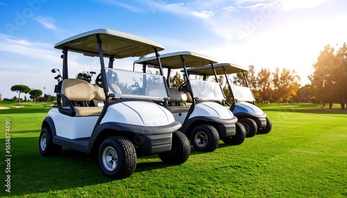 Fototapeta Naklejka Na Ścianę i Meble -  Golf carts parked on a manicured green