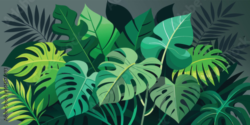 Dense tropical leaves and plants set against a dark background, emphasizing their vivid greens and intricate shapes..eps