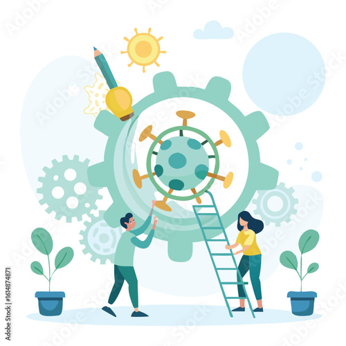 Teamwork Against COVID-19 Virus With Innovative Solutions Represented Through Creative Illustrations of People, Gears, and Tools for Success
