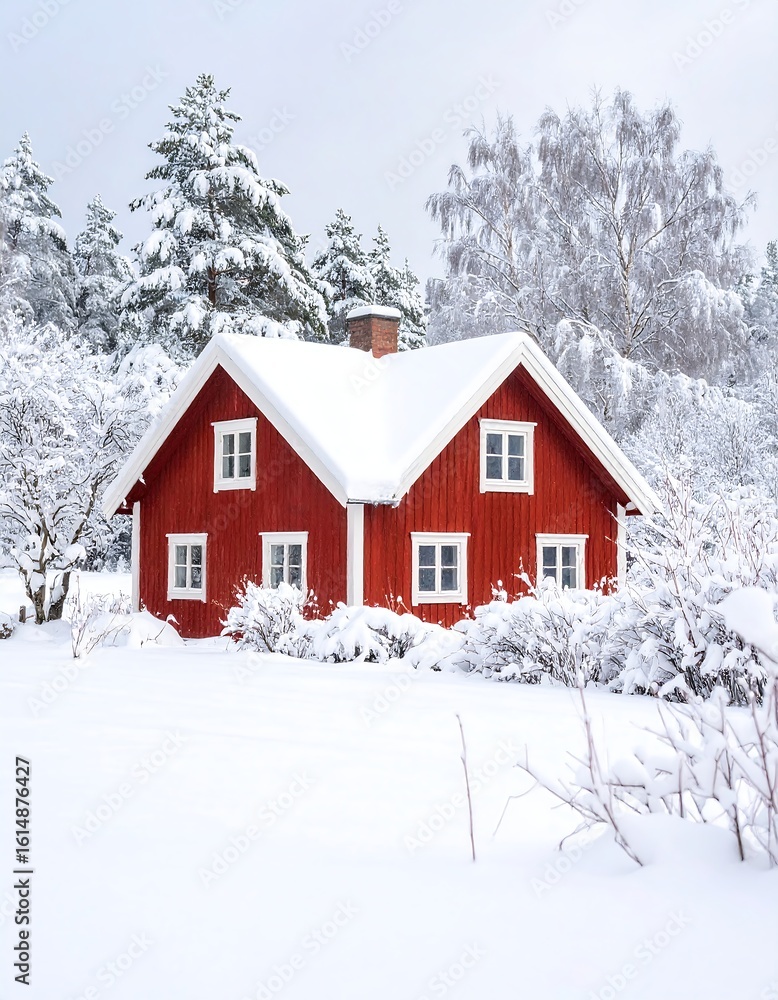 Naklejka premium A cozy red house nestled in a snowy winter landscape