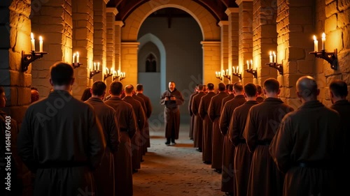 Medieval monks gathering for prayer in the church of a monastery