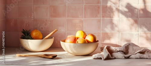 Wallpaper Mural Fresh summer fruit in ceramic bowls in a rustic kitchen Torontodigital.ca