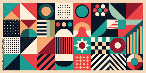 A vibrant poster displaying an assortment of geometric shapes, such as rectangles, circles, and polygons in various colors..eps