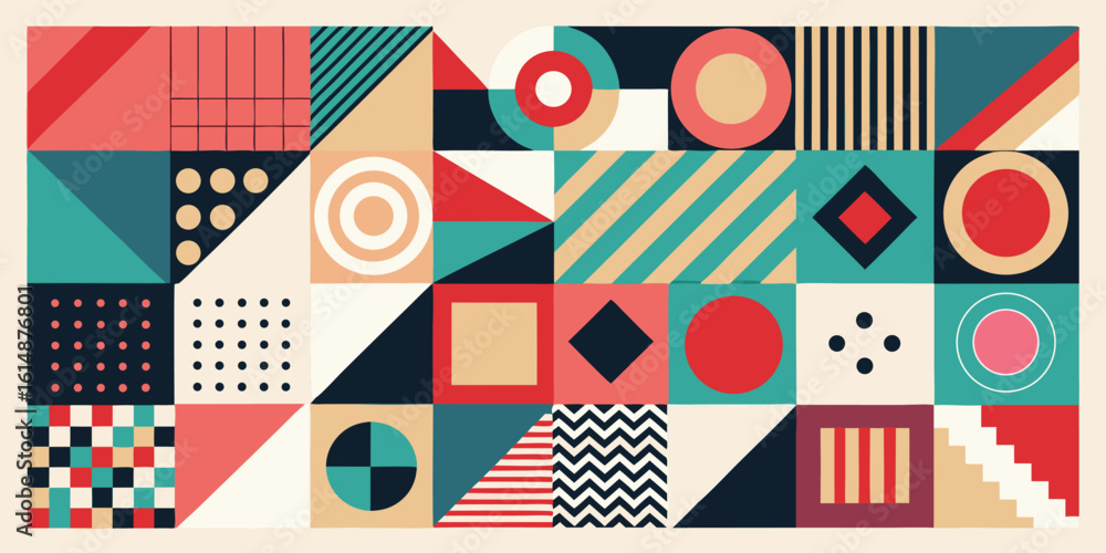 Obraz premium colorful poster featuring a variety of geometric shapes, including triangles, circles, and squares in different sizes..eps
