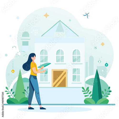 Real Estate Agent Showing a New Home to a Client with a Plane Flying Overhead in a Whimsical Flat Design