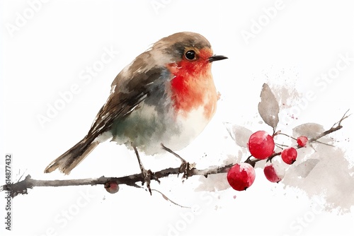 Watercolor illustration of a European robin with red breast perched on a branch with red berries