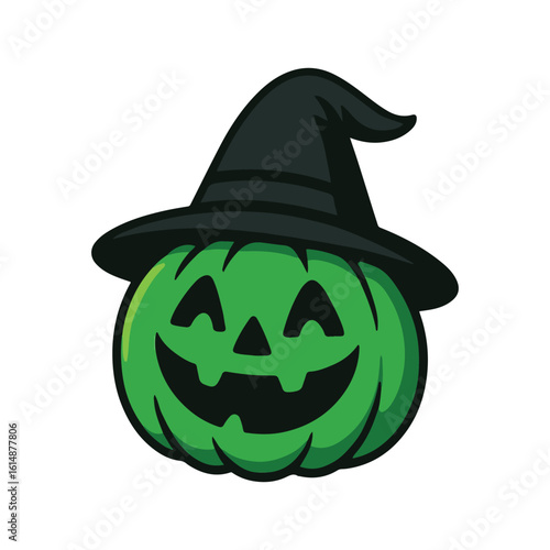 Vector icon of a green Halloween pumpkin with witch hat. Suitable for spooky party invites, posters, and themed decor.