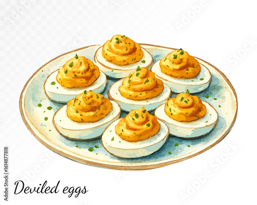 Watercolor deviled eggs arranged on a ceramic plate. Halved boiled eggs filled with creamy spiced yolk mixture, garnished with herbs. Vector illustration.
