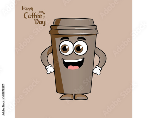 Cute cartoon coffee cup mascot for international coffee day celebration