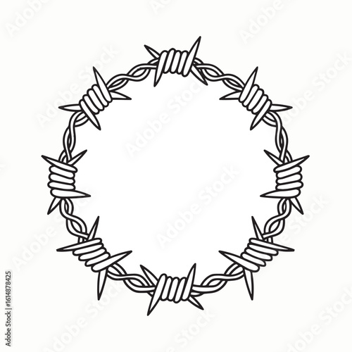 Barbed Wire Ring: A stark, minimalist illustration showcases a circle crafted from coiled barbed wire, creating a symbol of constraint and conflict.