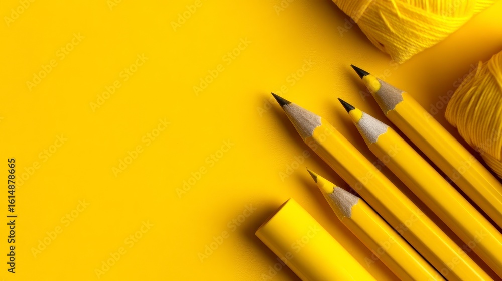 Flatlay of yellow school objects on yellow background. Vibrant stationery arrangement showcasing cheerful learning tools against a sunny backdrop.