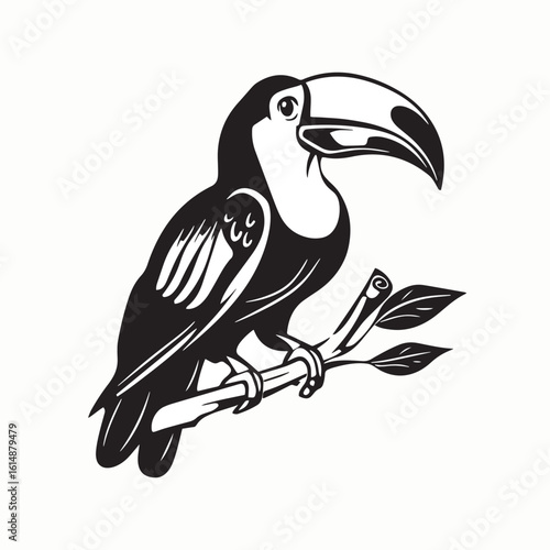 Exotic Toucan Perched: A sleek, monochromatic illustration presents a toucan perched gracefully upon a branch, showcasing its striking beak.