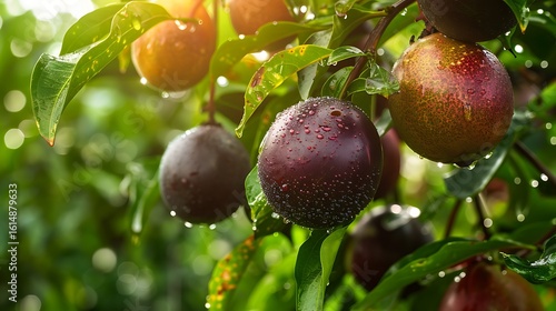 A passion fruit tree with ripe passion fruits