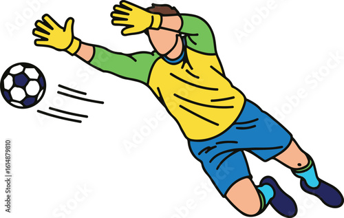 A stylized illustration of a soccer goalkeeper diving horizontally with outstretched hands, attempting to save a rapidly approaching soccer ball.