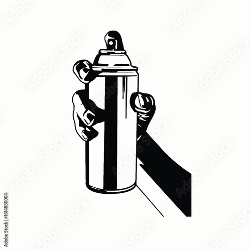 Artistic Precision: A close-up black and white illustration showcases a hand firmly grasping a spray paint can, ready to unleash a burst of creativity.