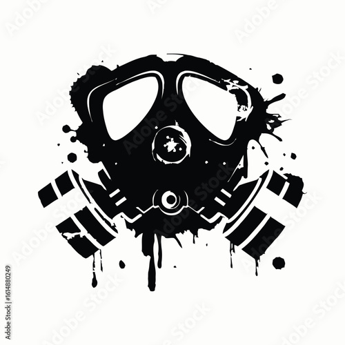 Gas Mask Symbol: A graphic depiction of a gas mask, representing themes of protection, danger, and environmental concerns, rendered in a stark black and white style.
