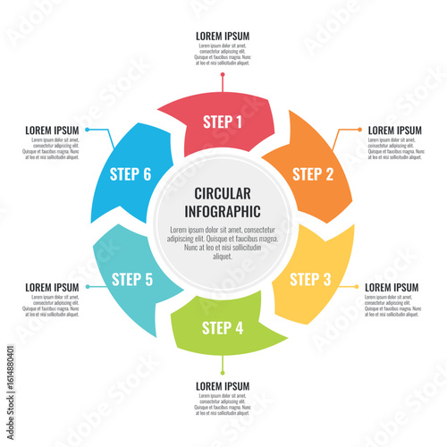 6 Step Circular Infographic Template Process Diagram with Arrows and Editable Text – Vector Timeline or Workflow Layout for Presentations
