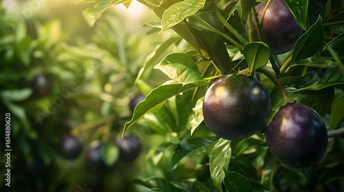A passion fruit tree with ripe passion fruits